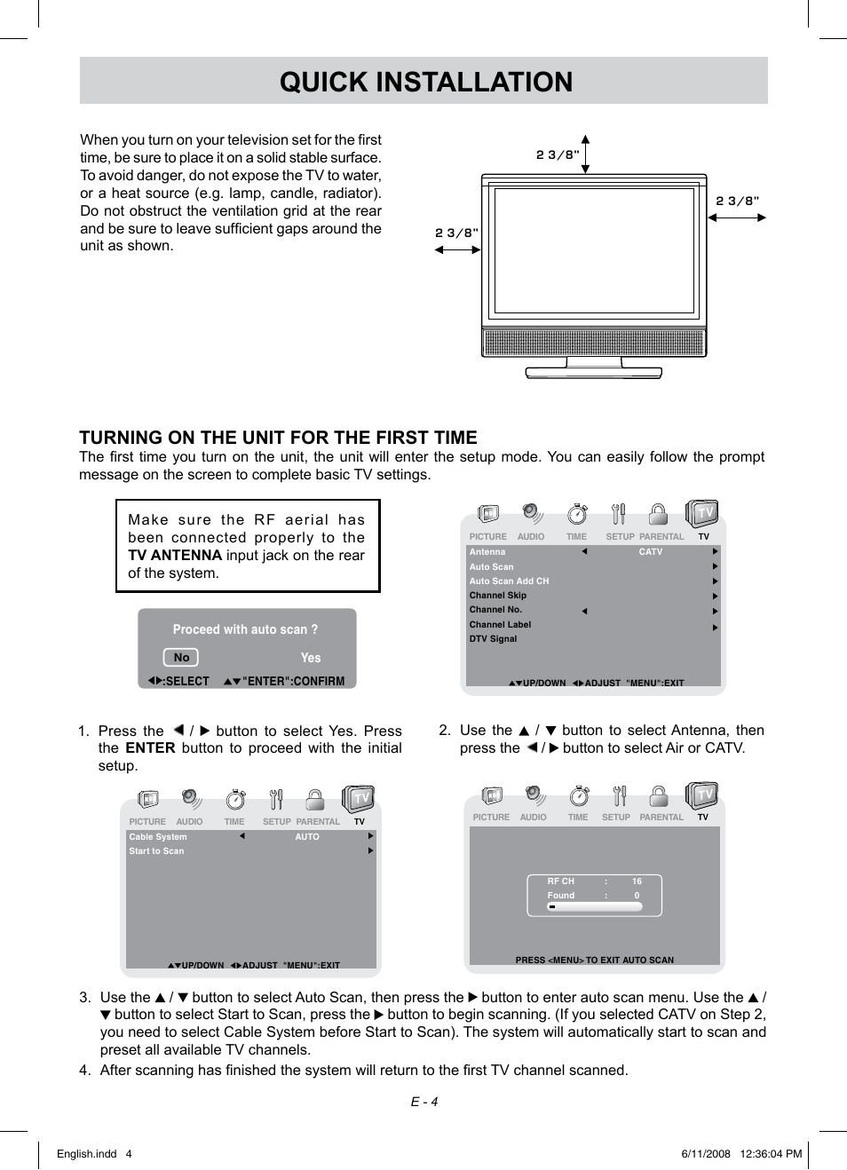 Quick installation, Turning on the unit for the first time | Audiovox FPE1908 User Manual | Page 4 / 19