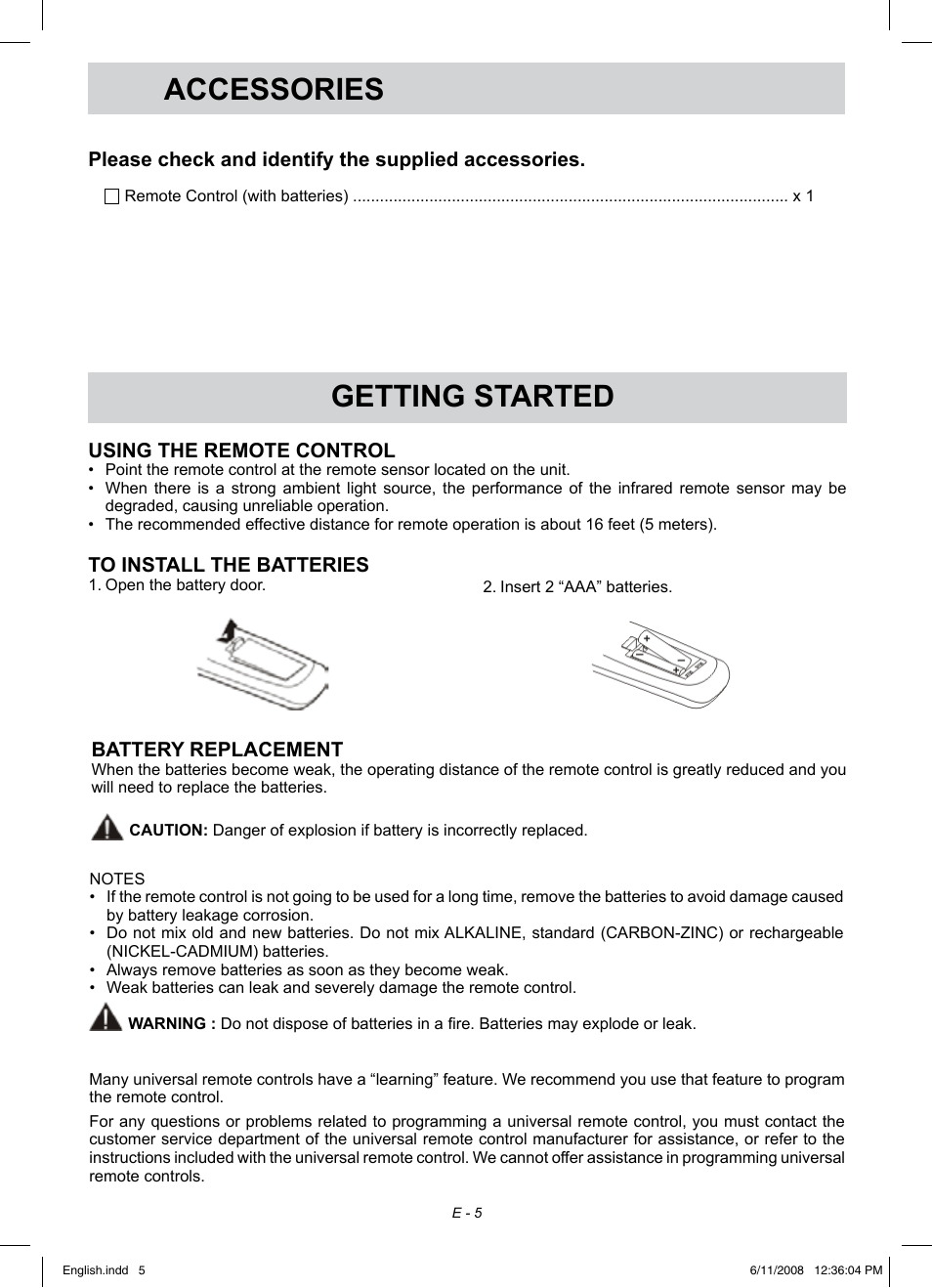 Accessories, Getting started | Audiovox FPE1908 User Manual | Page 5 / 19