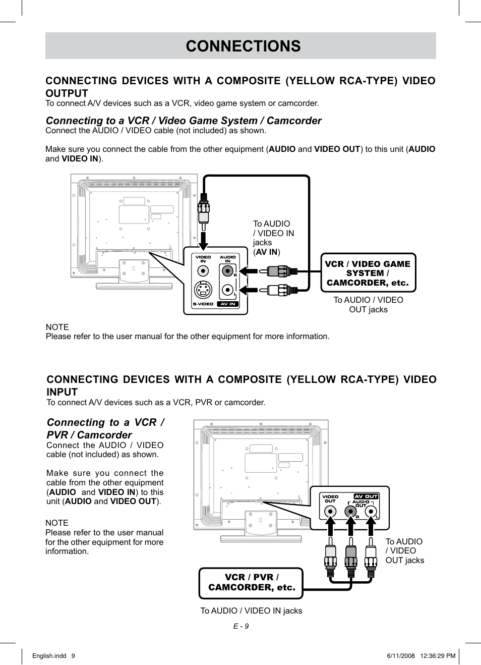 Connections, Connecting to a vcr / pvr / camcorder | Audiovox FPE1908 User Manual | Page 9 / 19