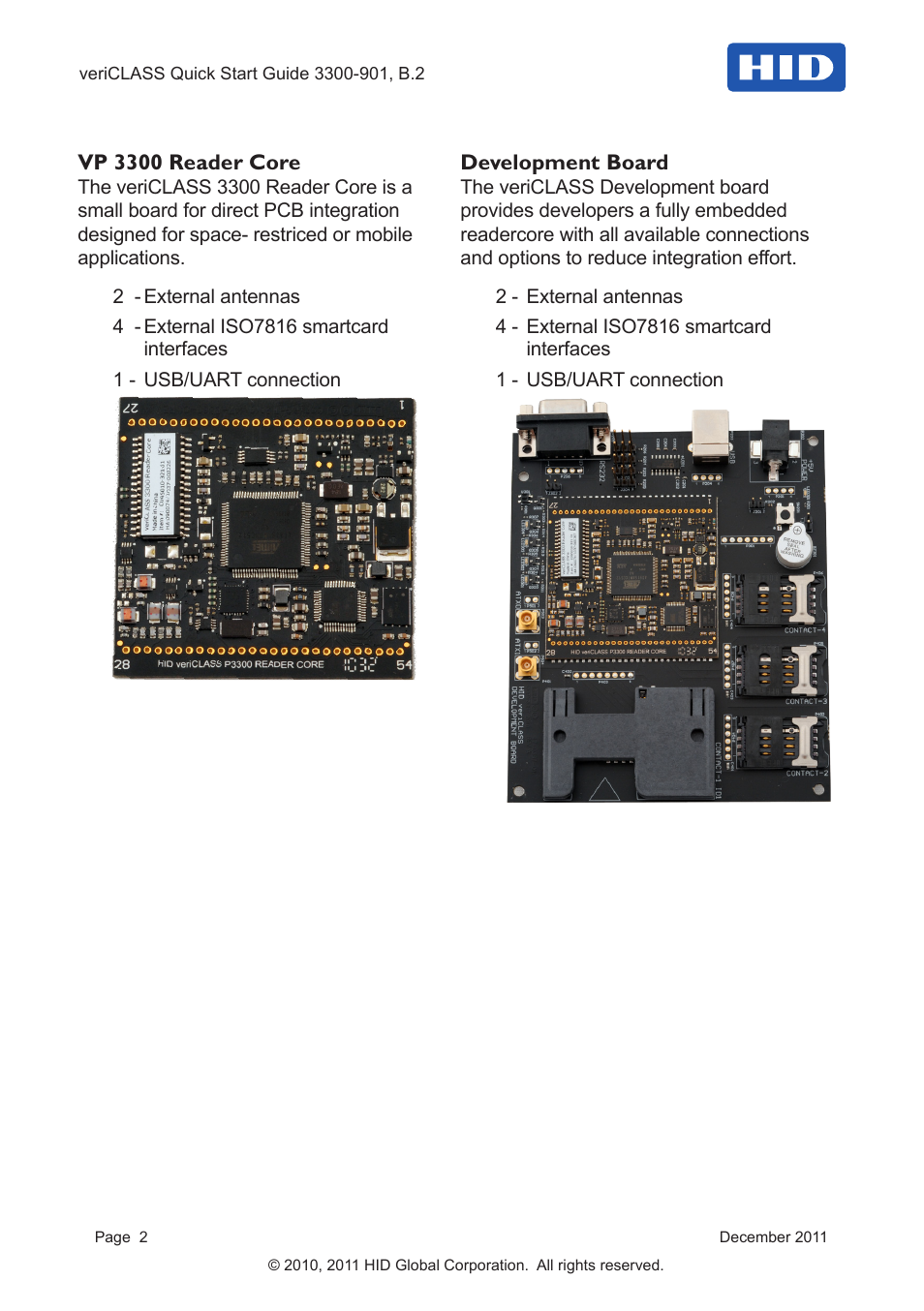 Vp 3300 reader core, Development board | HID veriCLASS Reader Platform Quick Start Guide User Manual | Page 2 / 8