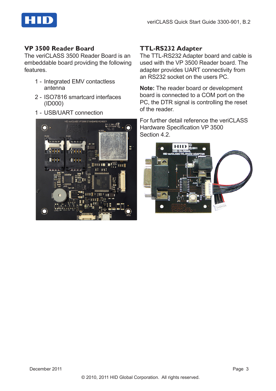 Vp 3500 reader board, Ttl-rs232 adapter | HID veriCLASS Reader Platform Quick Start Guide User Manual | Page 3 / 8