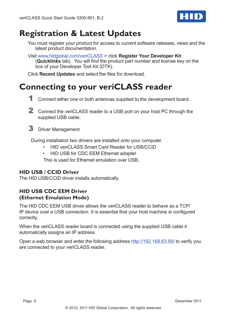 Registration & latest updates, Connecting to your vericlass reader, Hid usb / ccid driver | Hid usb cdc eem driver | HID veriCLASS Reader Platform Quick Start Guide User Manual | Page 6 / 8