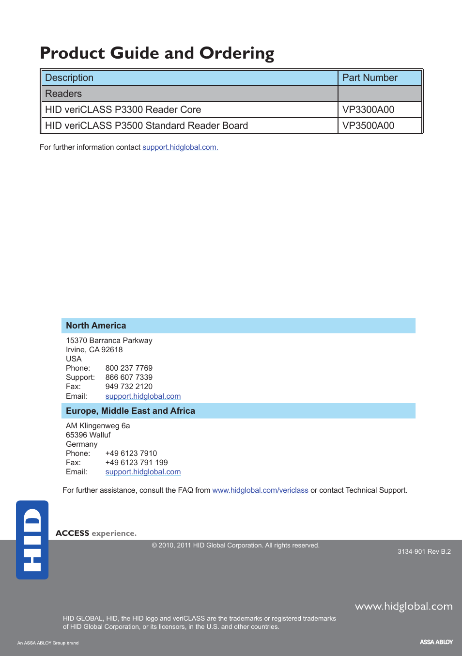 Product guide and ordering, Contacts | HID veriCLASS Reader Platform Quick Start Guide User Manual | Page 8 / 8