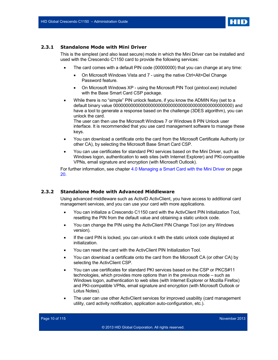 1 standalone mode with mini driver, 2 standalone mode with advanced middleware, Standalone mode with mini driver | Standalone mode with advanced middleware | HID Crescendo C1150 Administration Guide User Manual | Page 10 / 115