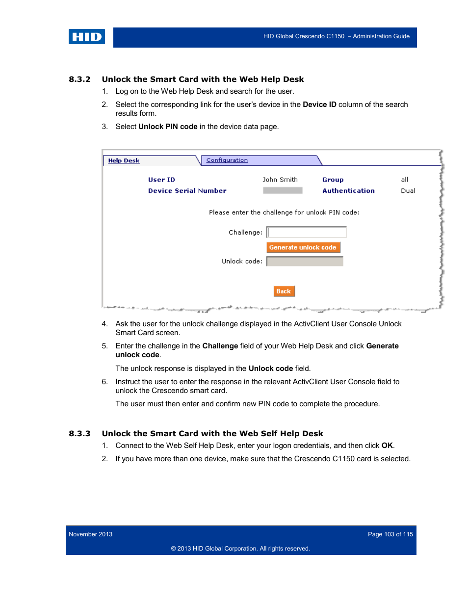 2 unlock the smart card with the web help desk, Unlock the smart card with the web help desk, Unlock the smart card with the web self help desk | HID Crescendo C1150 Administration Guide User Manual | Page 103 / 115