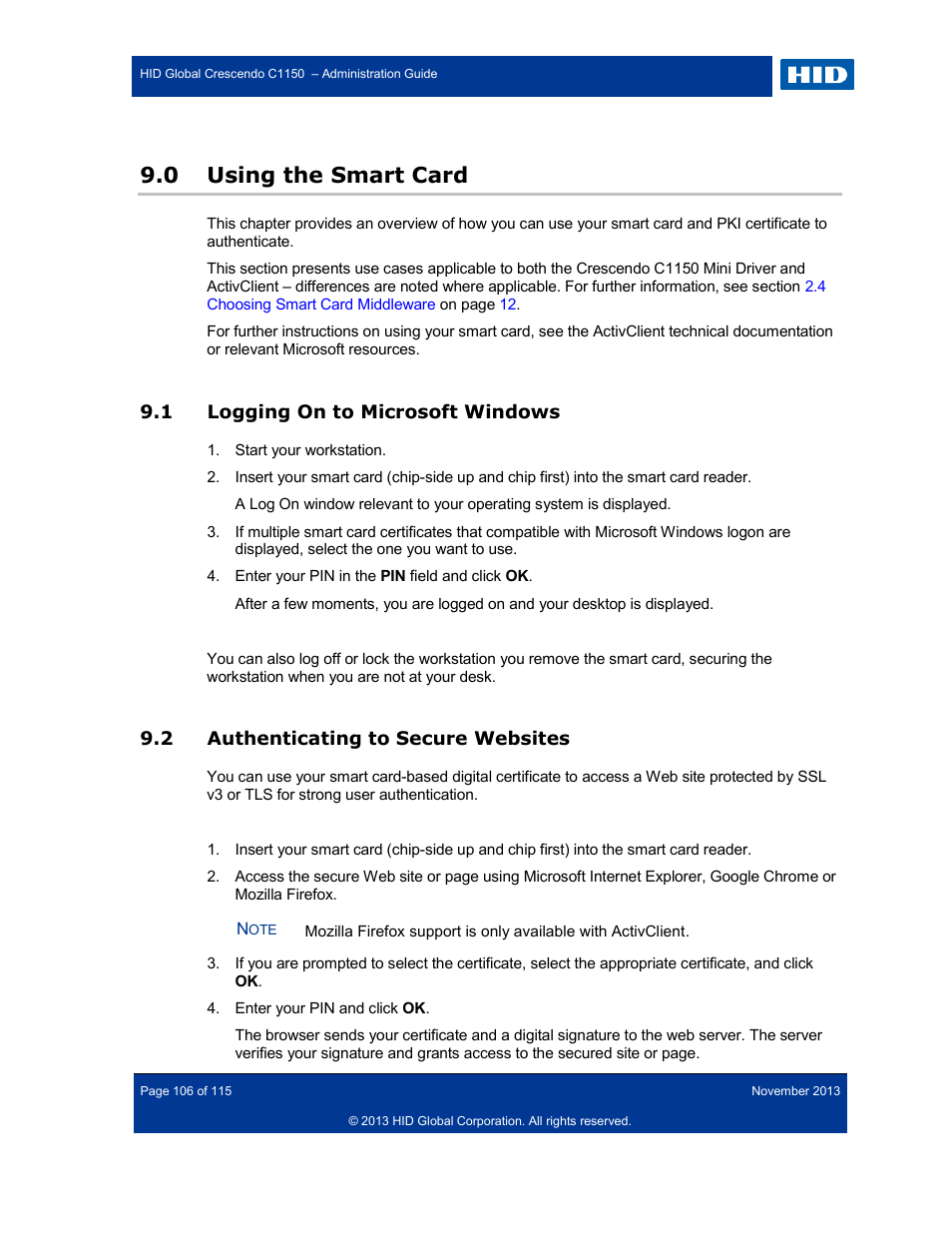 0 using the smart card, 1 logging on to microsoft windows, 2 authenticating to secure websites | Using the smart card, Logging on to microsoft windows, Authenticating to secure websites | HID Crescendo C1150 Administration Guide User Manual | Page 106 / 115