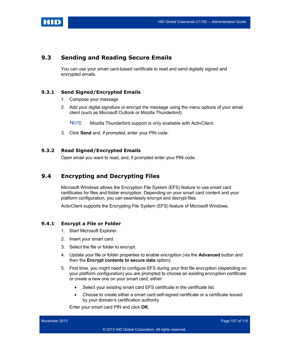 3 sending and reading secure emails, 1 send signed/encrypted emails, 2 read signed/encrypted emails | 4 encrypting and decrypting files, 1 encrypt a file or folder, Sending and reading secure emails, Send signed/encrypted emails, Read signed/encrypted emails, Encrypting and decrypting files, Encrypt a file or folder | HID Crescendo C1150 Administration Guide User Manual | Page 107 / 115