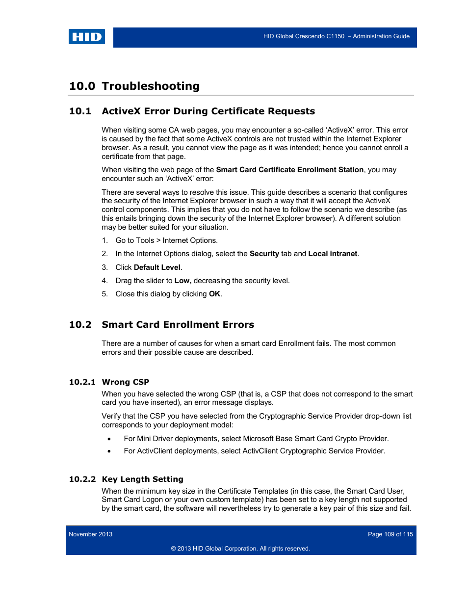 0 troubleshooting, 1 activex error during certificate requests, 2 smart card enrollment errors | 1 wrong csp, 2 key length setting, Troubleshooting, Activex error during certificate requests, Smart card enrollment errors, Wrong csp, Key length setting | HID Crescendo C1150 Administration Guide User Manual | Page 109 / 115