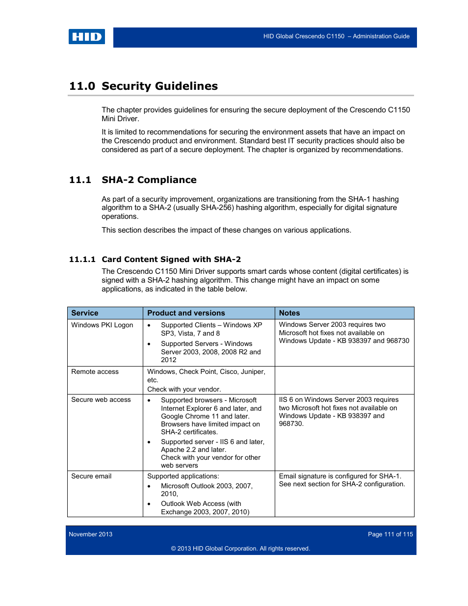 0 security guidelines, 1 sha-2 compliance, 1 card content signed with sha-2 | Security guidelines, Sha-2 compliance, Card content signed with sha-2 | HID Crescendo C1150 Administration Guide User Manual | Page 111 / 115