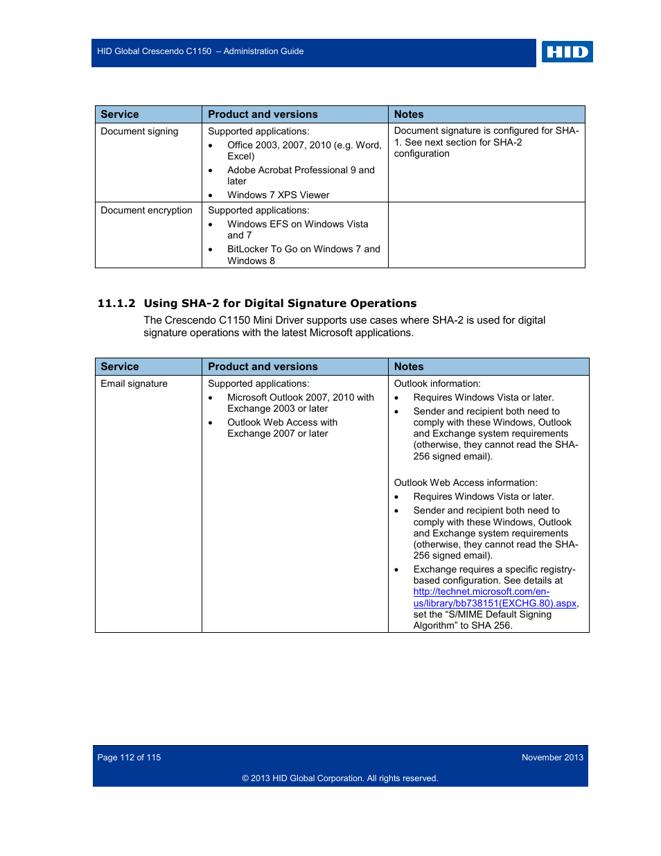 2 using sha-2 for digital signature operations, Using sha-2 for digital signature operations | HID Crescendo C1150 Administration Guide User Manual | Page 112 / 115