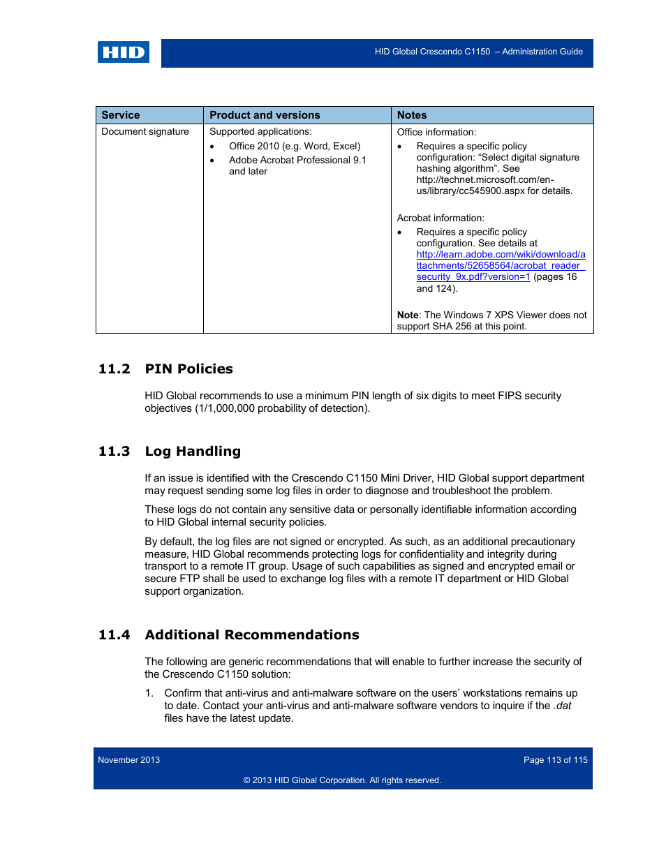 2 pin policies, 3 log handling, 4 additional recommendations | Pin policies, Log handling, Additional recommendations | HID Crescendo C1150 Administration Guide User Manual | Page 113 / 115