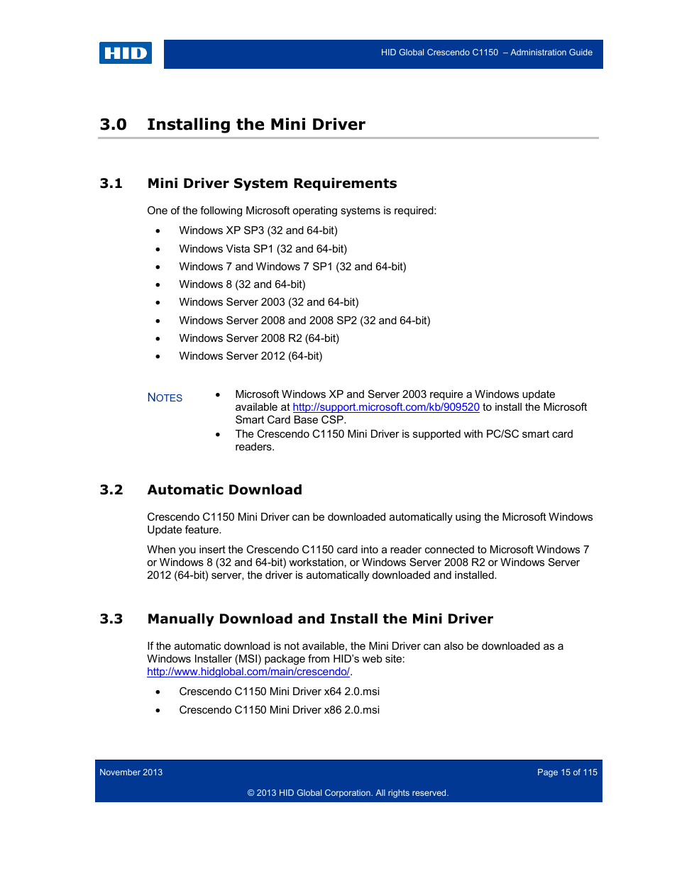0 installing the mini driver, 1 mini driver system requirements, 2 automatic download | 3 manually download and install the mini driver, Installing the mini driver, Mini driver system requirements, Automatic download, Manually download and install the mini driver | HID Crescendo C1150 Administration Guide User Manual | Page 15 / 115