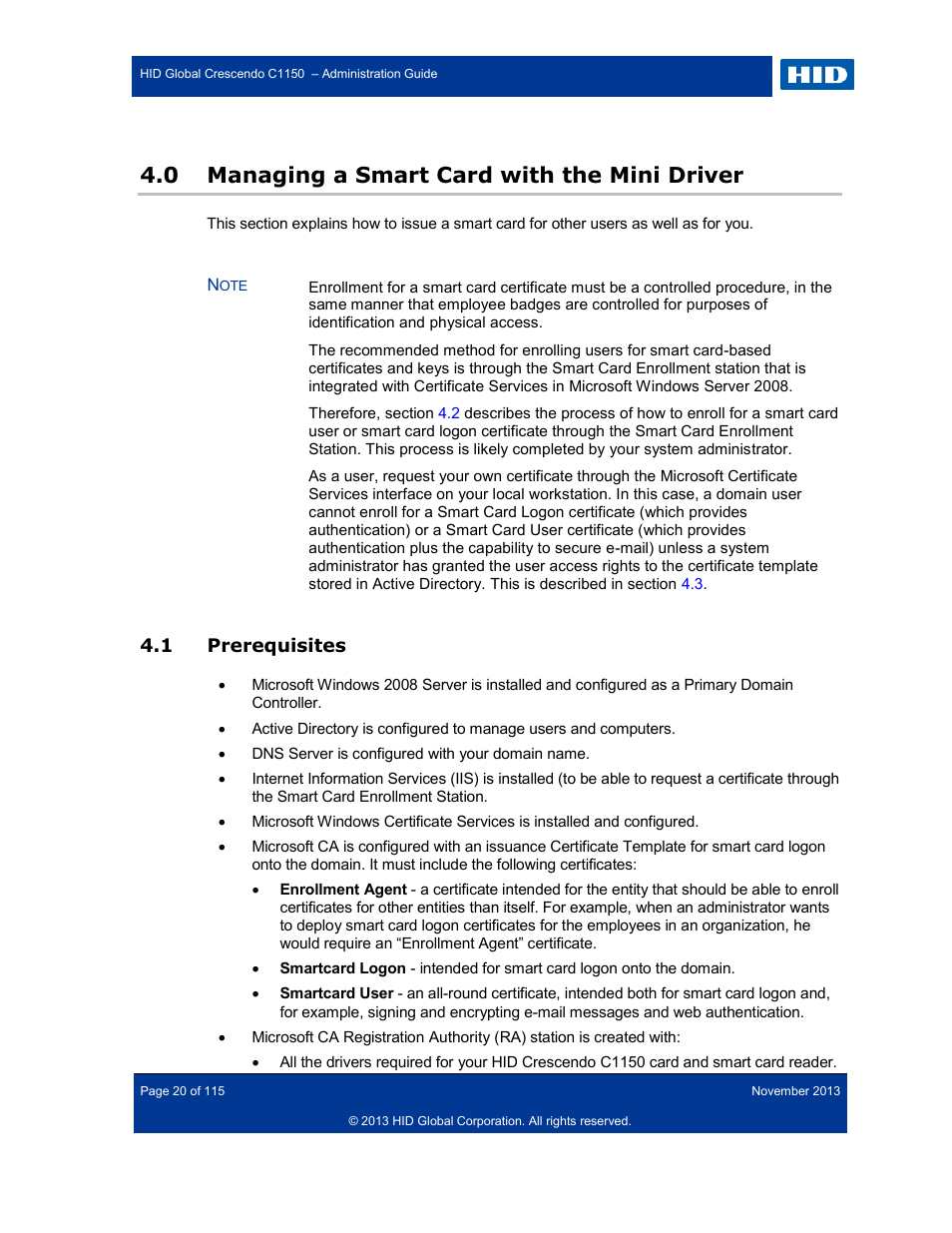 0 managing a smart card with the mini driver, 1 prerequisites, Managing a smart card with the mini driver | Prerequisites | HID Crescendo C1150 Administration Guide User Manual | Page 20 / 115