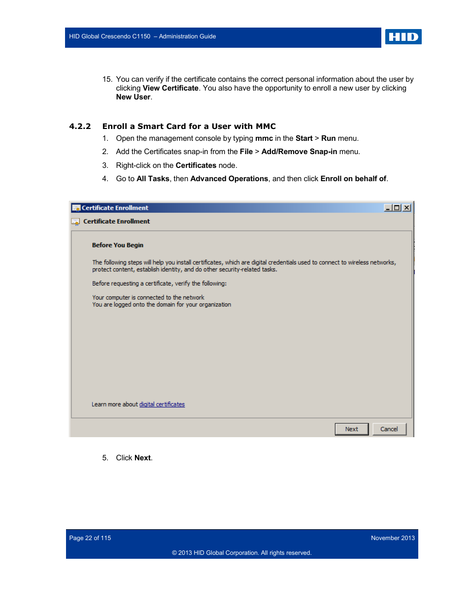 2 enroll a smart card for a user with mmc, Enroll a smart card for a user with mmc | HID Crescendo C1150 Administration Guide User Manual | Page 22 / 115