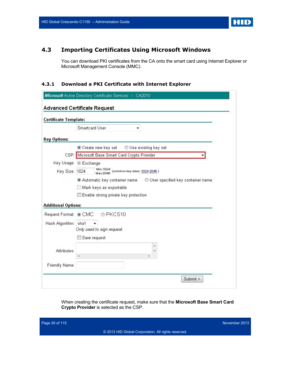 3 importing certificates using microsoft windows, Importing certificates using microsoft windows, Download a pki certificate with internet explorer | HID Crescendo C1150 Administration Guide User Manual | Page 30 / 115