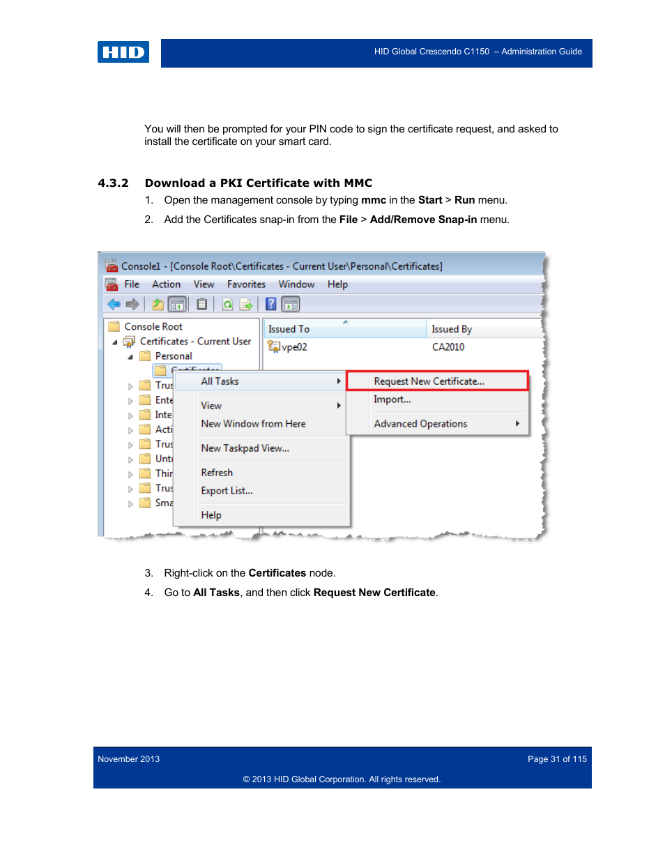 2 download a pki certificate with mmc, Download a pki certificate with mmc | HID Crescendo C1150 Administration Guide User Manual | Page 31 / 115