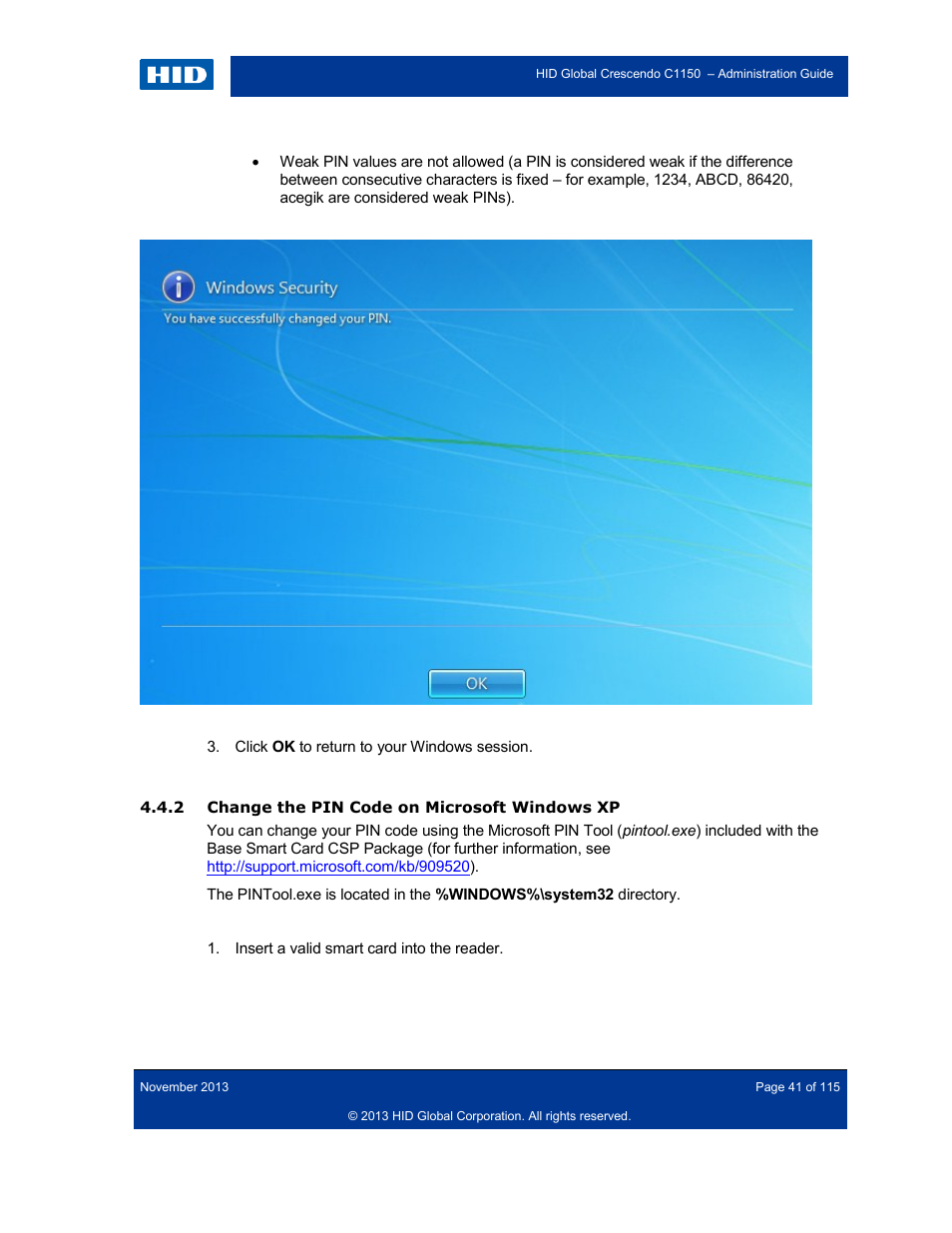 2 change the pin code on microsoft windows xp, Change the pin code on microsoft windows xp | HID Crescendo C1150 Administration Guide User Manual | Page 41 / 115