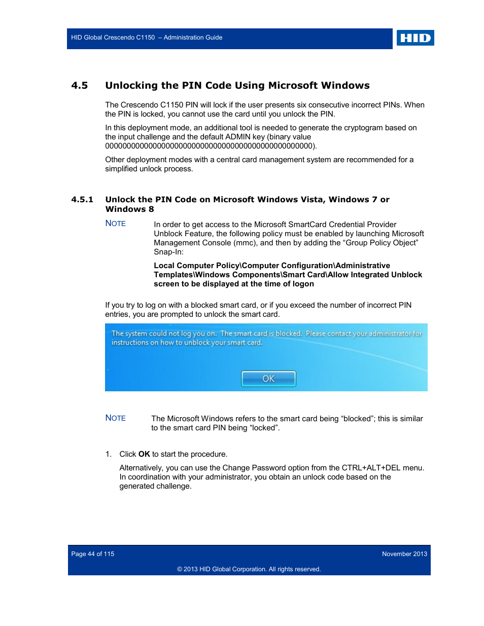 5 unlocking the pin code using microsoft windows, Unlocking the pin code using microsoft windows | HID Crescendo C1150 Administration Guide User Manual | Page 44 / 115