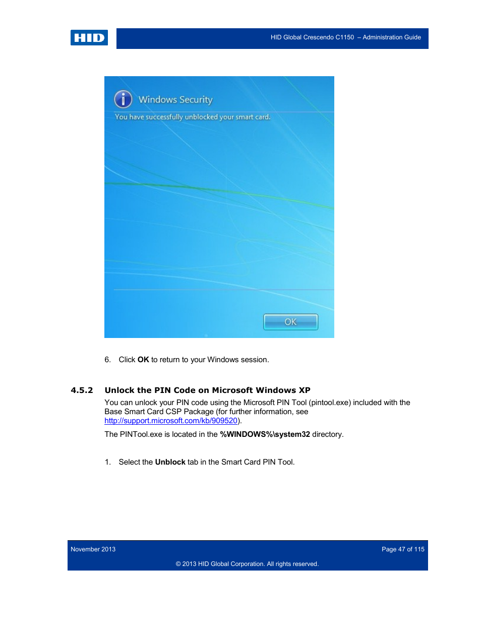 2 unlock the pin code on microsoft windows xp, Unlock the pin code on microsoft windows xp | HID Crescendo C1150 Administration Guide User Manual | Page 47 / 115