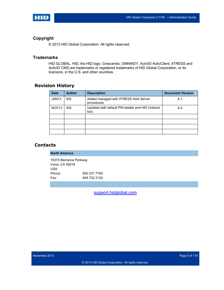 Copyright, Trademarks, Revision history | Contacts | HID Crescendo C1150 Administration Guide User Manual | Page 5 / 115