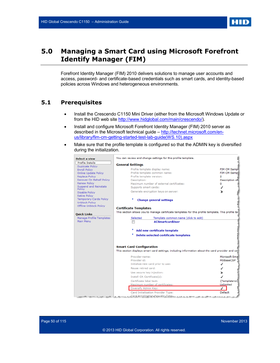 1 prerequisites, Prerequisites, 0 managing a smart card using microsoft forefront | Identify manager (fim) | HID Crescendo C1150 Administration Guide User Manual | Page 50 / 115