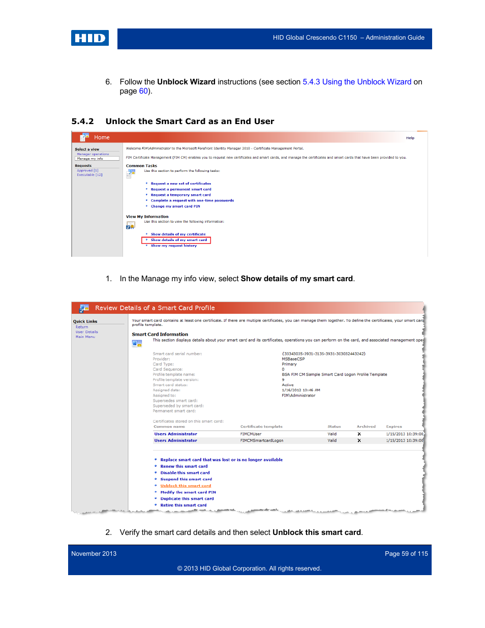 2 unlock the smart card as an end user, Unlock the smart card as an end user | HID Crescendo C1150 Administration Guide User Manual | Page 59 / 115