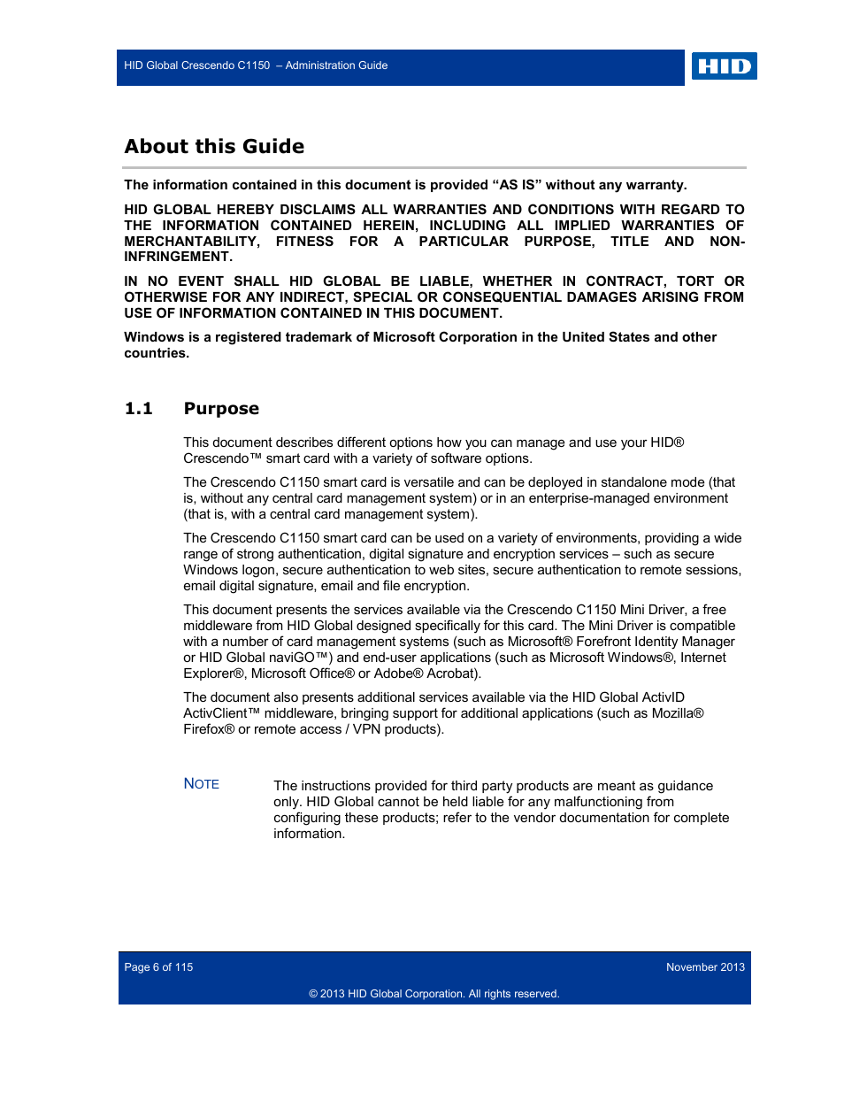 About this guide, 1 purpose, Purpose | HID Crescendo C1150 Administration Guide User Manual | Page 6 / 115