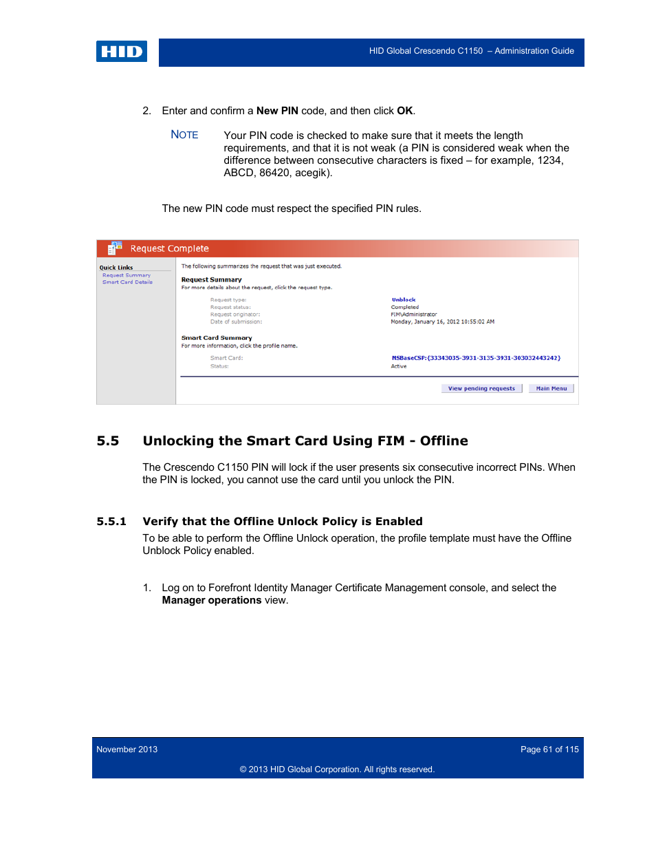 5 unlocking the smart card using fim - offline, 1 verify that the offline unlock policy is enabled, Unlocking the smart card using fim - offline | Verify that the offline unlock policy is enabled | HID Crescendo C1150 Administration Guide User Manual | Page 61 / 115