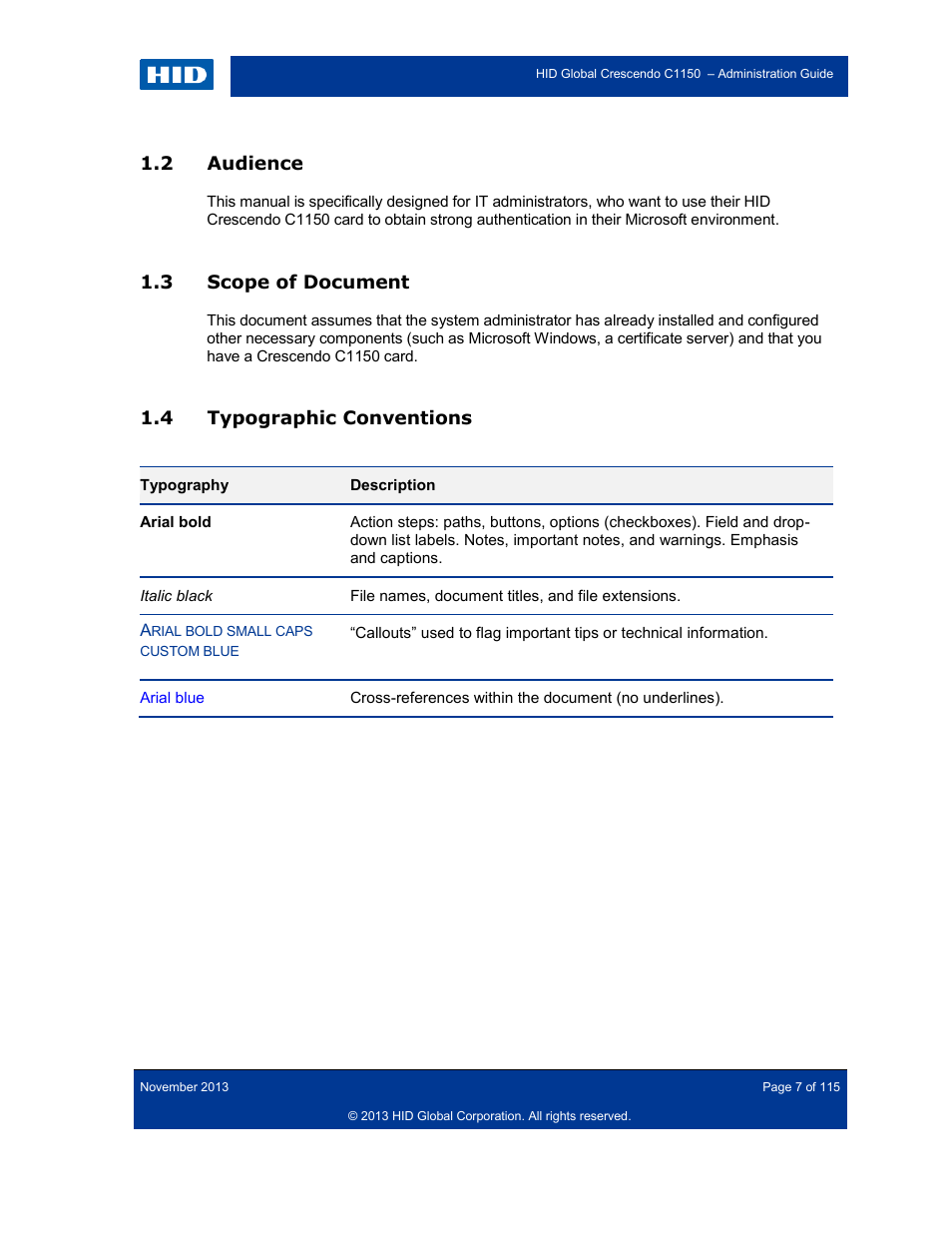 2 audience, 3 scope of document, 4 typographic conventions | Audience, Scope of document, Typographic conventions | HID Crescendo C1150 Administration Guide User Manual | Page 7 / 115