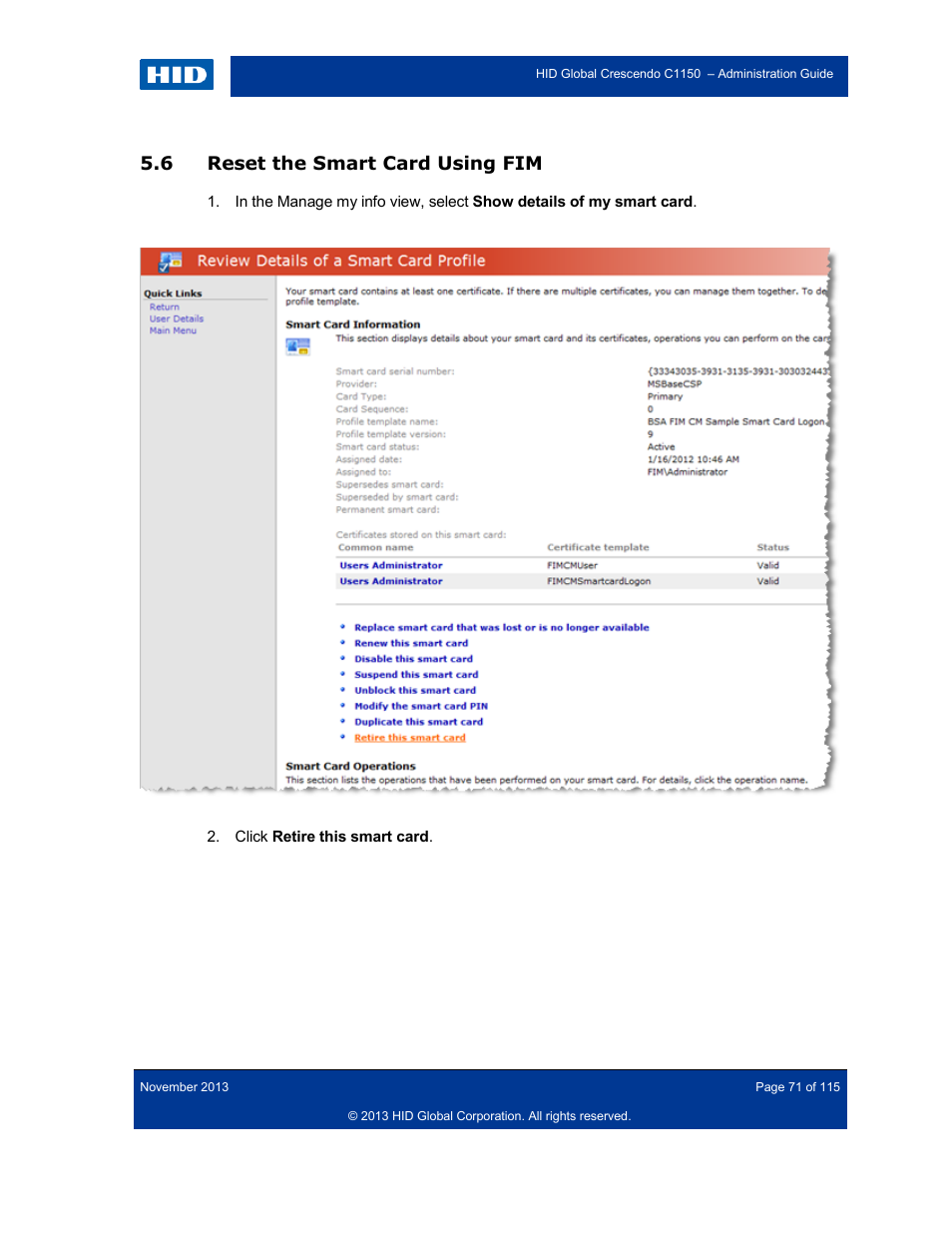 6 reset the smart card using fim, Reset the smart card using fim | HID Crescendo C1150 Administration Guide User Manual | Page 71 / 115