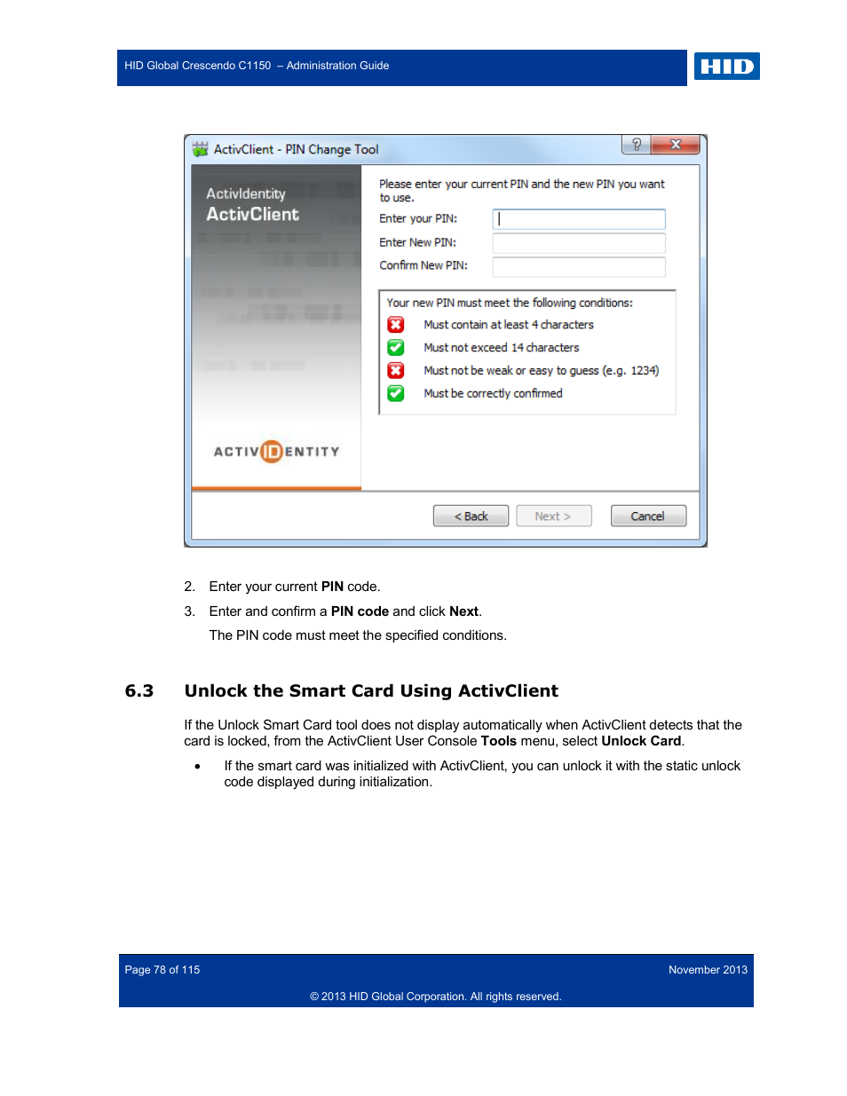 3 unlock the smart card using activclient, Unlock the smart card using activclient | HID Crescendo C1150 Administration Guide User Manual | Page 78 / 115