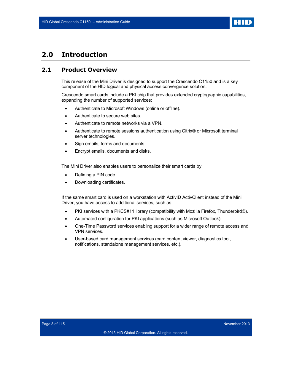 0 introduction, 1 product overview, Introduction | Product overview | HID Crescendo C1150 Administration Guide User Manual | Page 8 / 115