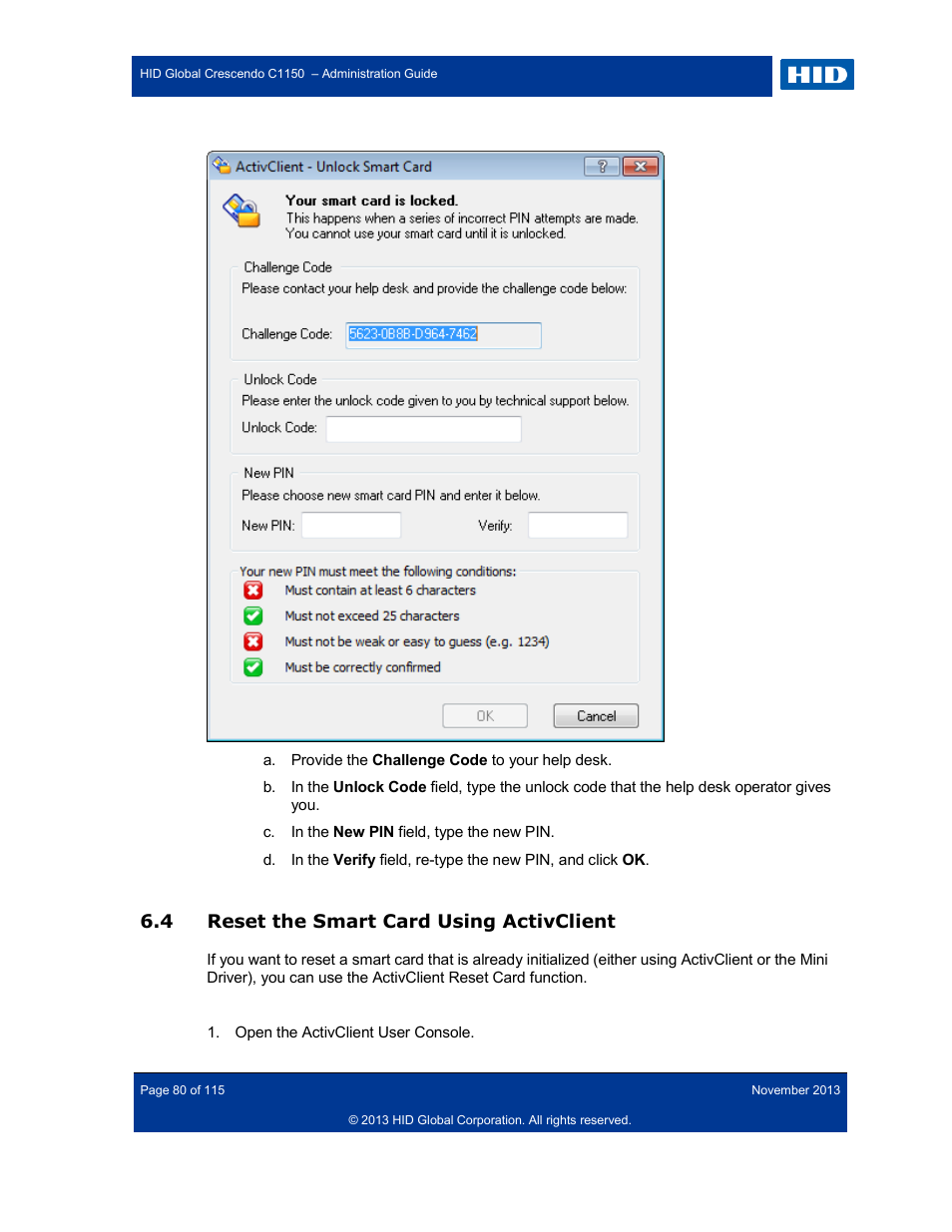 4 reset the smart card using activclient, Reset the smart card using activclient | HID Crescendo C1150 Administration Guide User Manual | Page 80 / 115