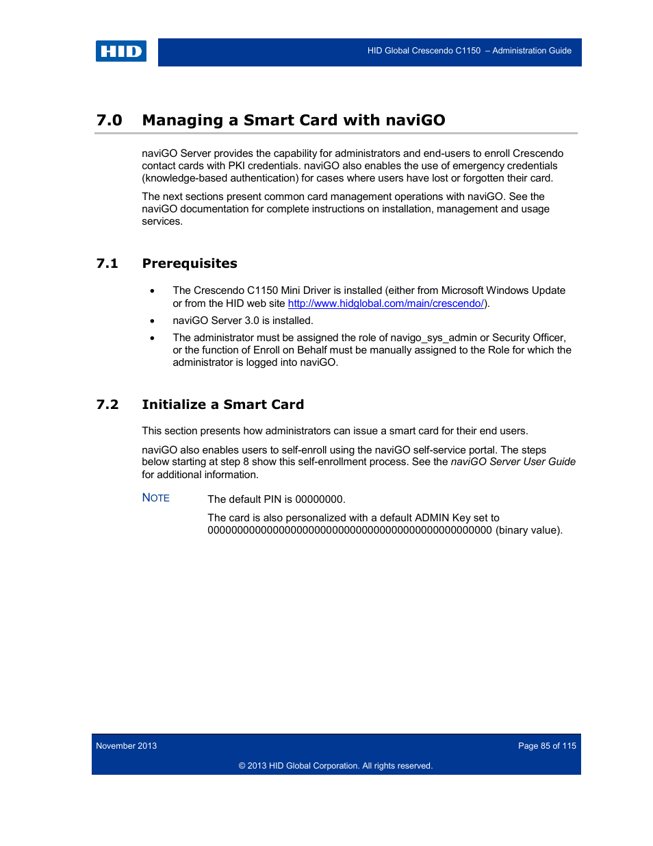 0 managing a smart card with navigo, 1 prerequisites, 2 initialize a smart card | Managing a smart card with navigo, Prerequisites, Initialize a smart card | HID Crescendo C1150 Administration Guide User Manual | Page 85 / 115