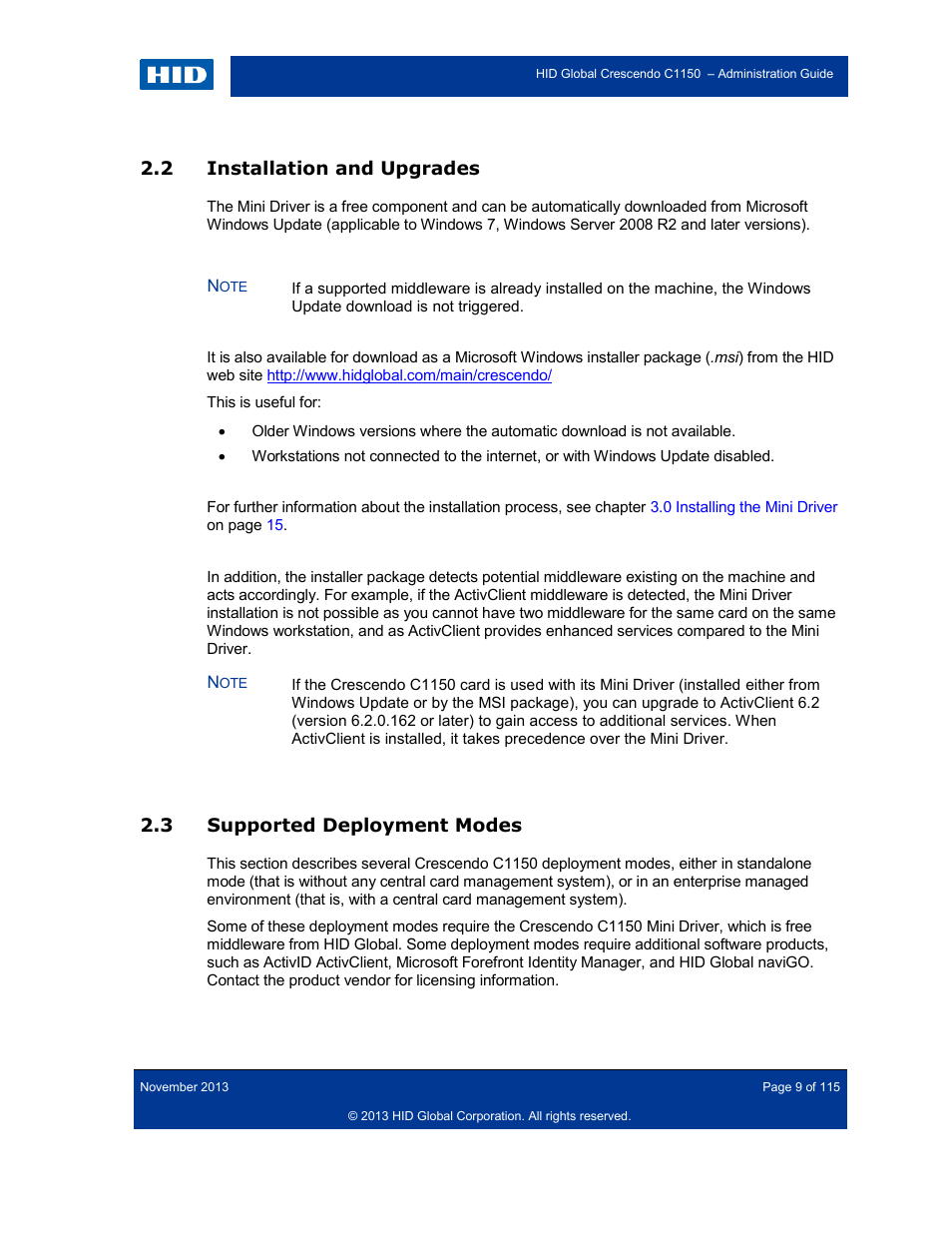 2 installation and upgrades, 3 supported deployment modes, Installation and upgrades | Supported deployment modes | HID Crescendo C1150 Administration Guide User Manual | Page 9 / 115
