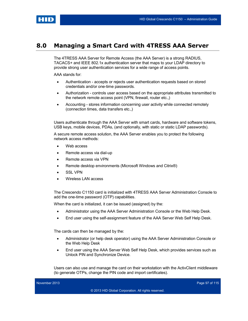 0 managing a smart card with 4tress aaa server, Managing a smart card with 4tress aaa server | HID Crescendo C1150 Administration Guide User Manual | Page 97 / 115