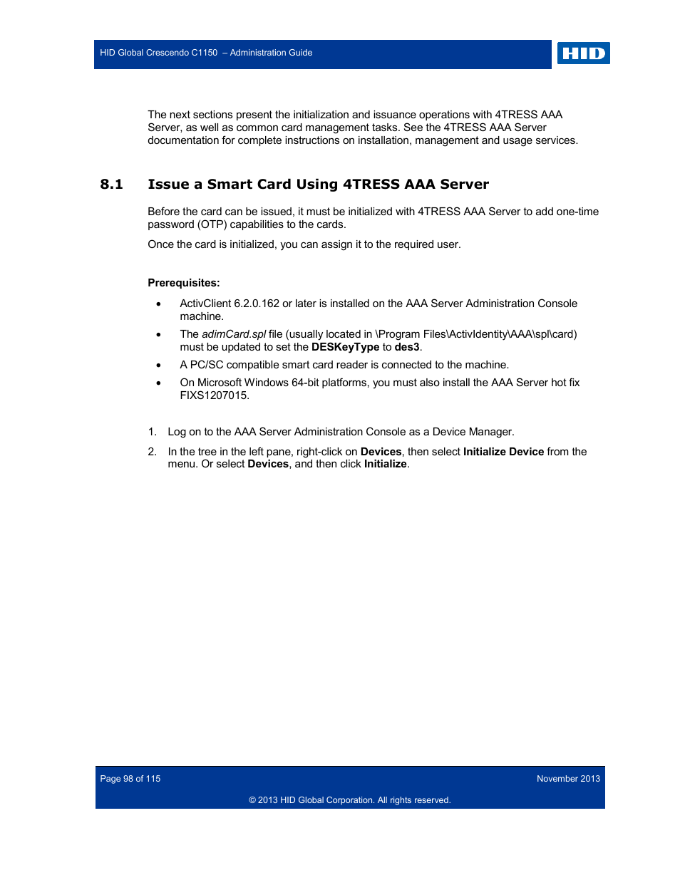 1 issue a smart card using 4tress aaa server, Issue a smart card using 4tress aaa server | HID Crescendo C1150 Administration Guide User Manual | Page 98 / 115