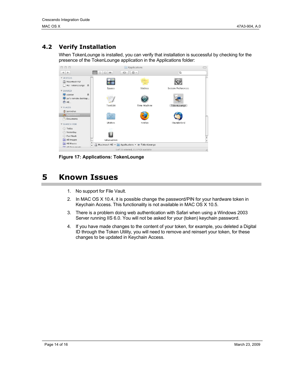 2 verify installation, 5 known issues, Verify installation | Known issues, Figure 17: applications: tokenlounge, 5known issues | HID Crescendo Mac OSX User Manual | Page 14 / 16