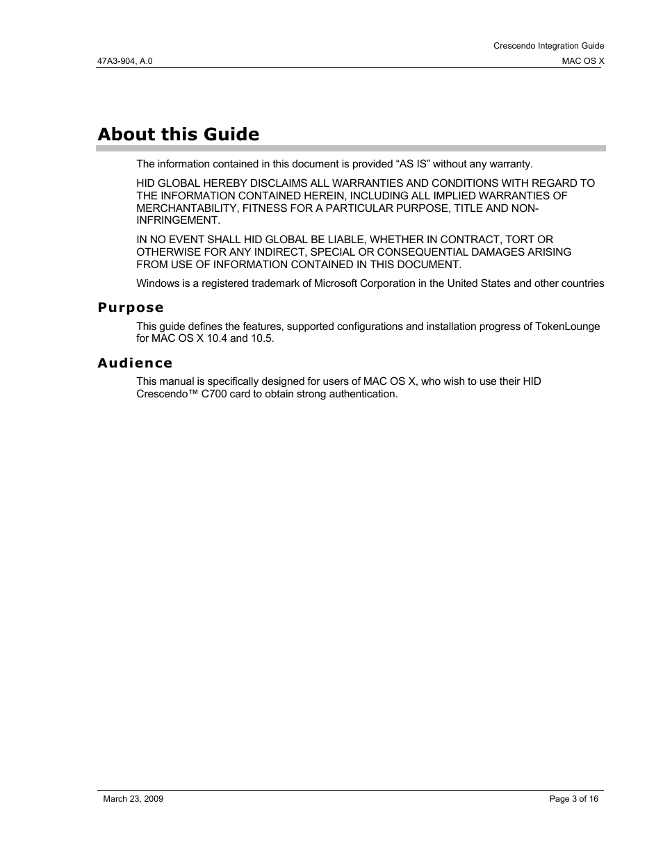 About this guide, Purpose, Audience | HID Crescendo Mac OSX User Manual | Page 3 / 16