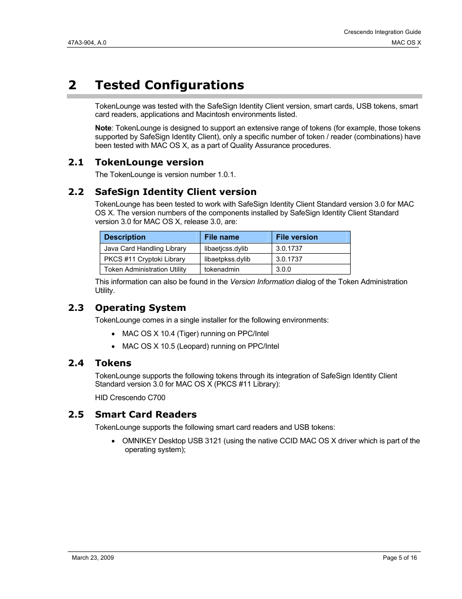 2 tested configurations, 1 tokenlounge version, 2 safesign identity client version | 3 operating system, 4 tokens, 5 smart card readers, Tested configurations, Tokenlounge version, Safesign identity client version, Operating system | HID Crescendo Mac OSX User Manual | Page 5 / 16
