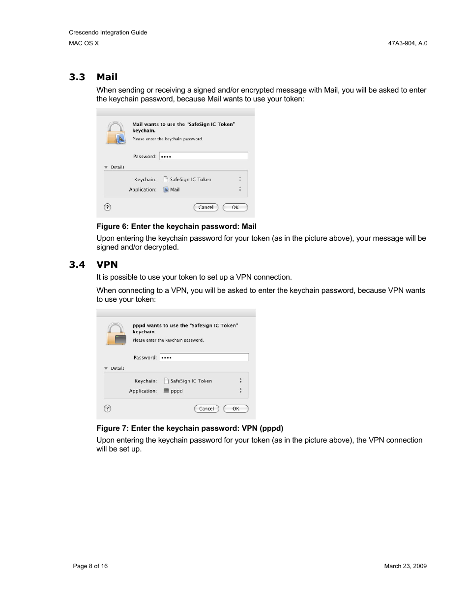 3 mail, 4 vpn, Mail | Figure 6: enter the keychain password: mail, Figure 7: enter the keychain password: vpn (pppd) | HID Crescendo Mac OSX User Manual | Page 8 / 16
