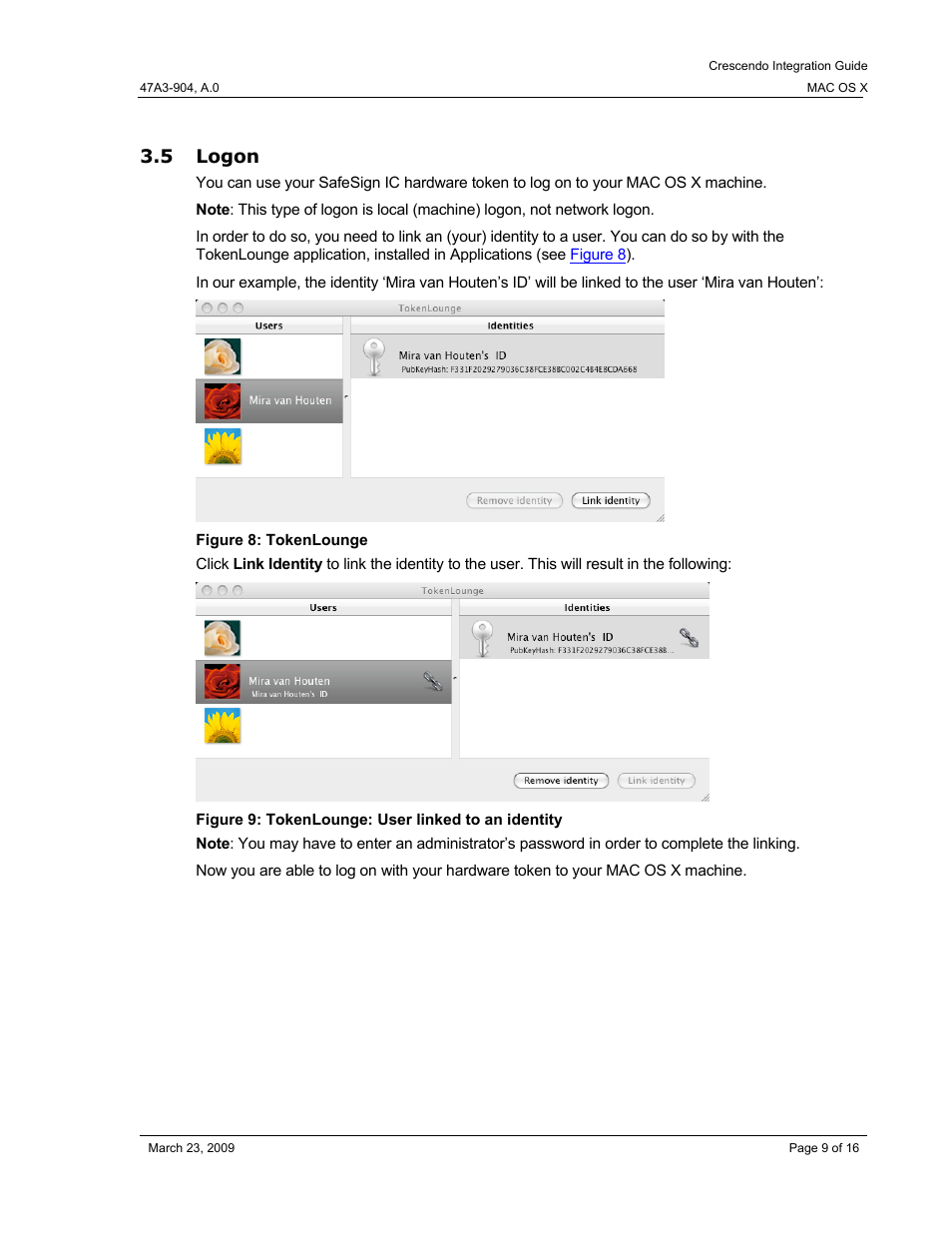 5 logon, Logon, Figure 8: tokenlounge | Figure 9: tokenlounge: user linked to an identity | HID Crescendo Mac OSX User Manual | Page 9 / 16