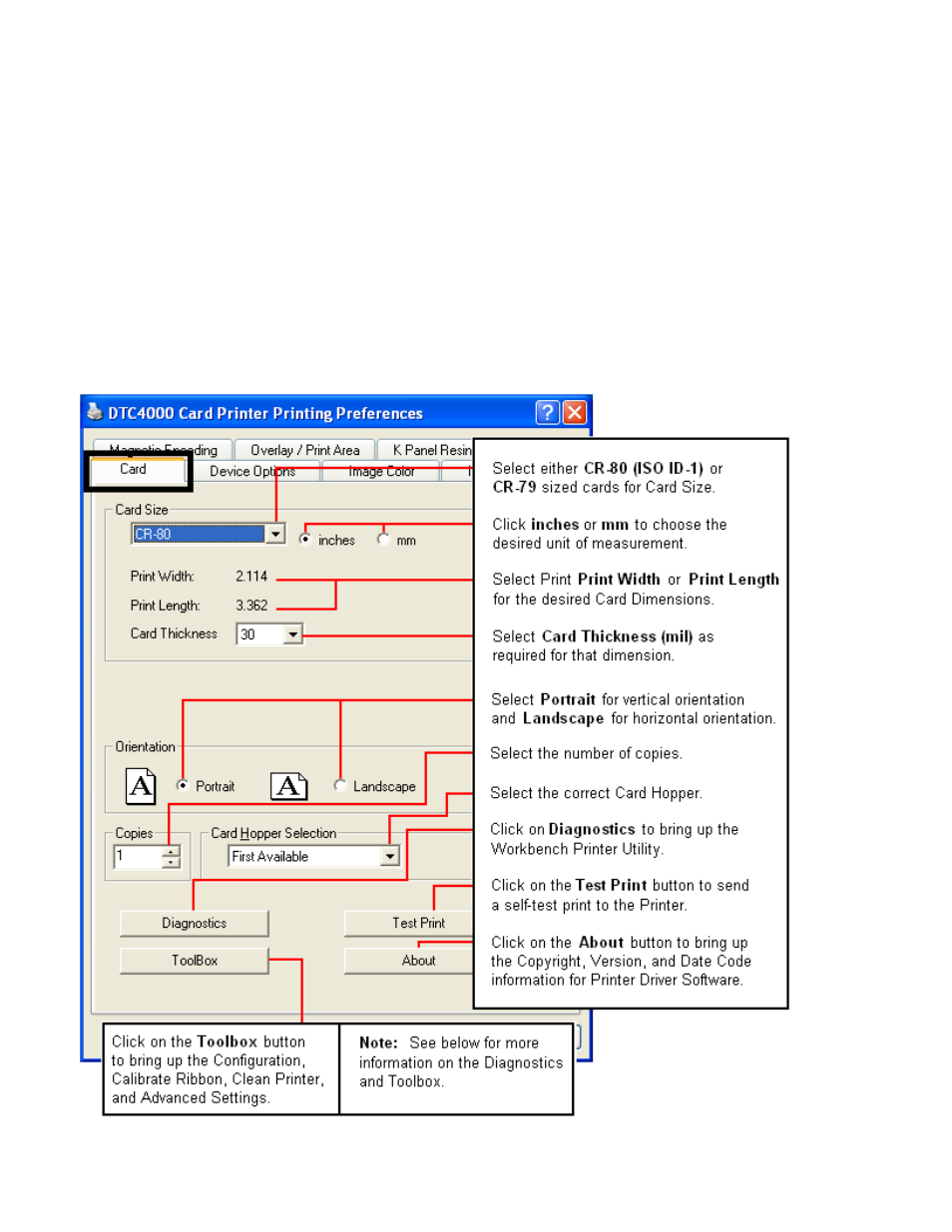 Section 4: printer preferences tab functions, Using the card tab | HID DTC1000/4000 User Guide User Manual | Page 38 / 123