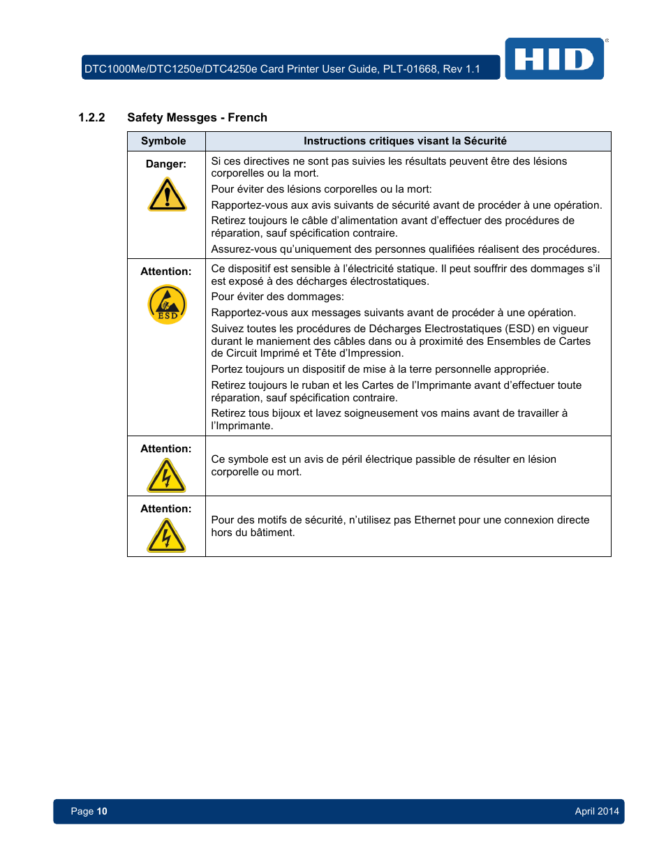 2 safety messges - french | HID DTC1250e/DTC1000Me/DTC4250e User Guide User Manual | Page 10 / 80