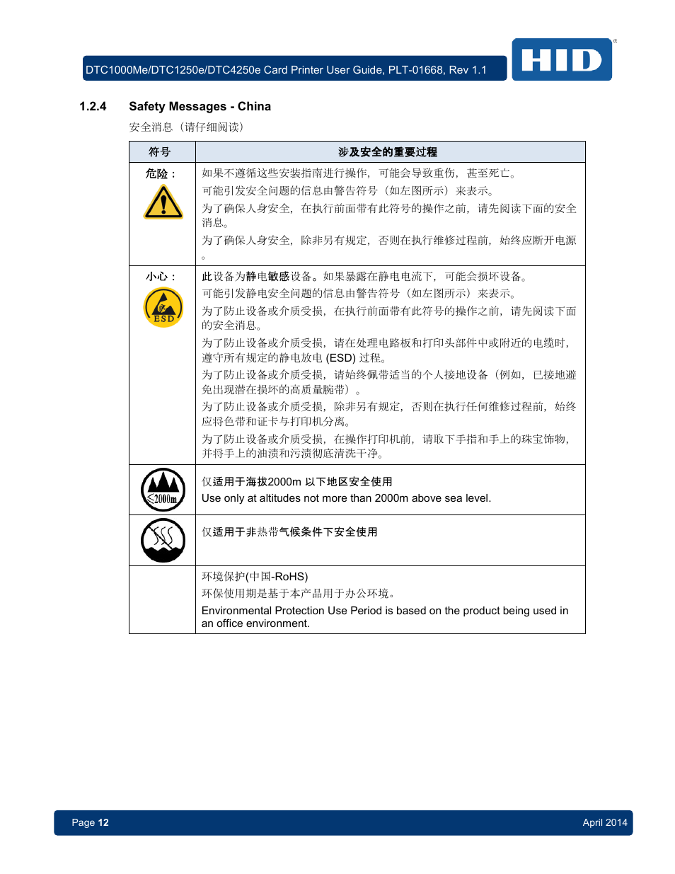 4 safety messages - china, Safety messages - china | HID DTC1250e/DTC1000Me/DTC4250e User Guide User Manual | Page 12 / 80