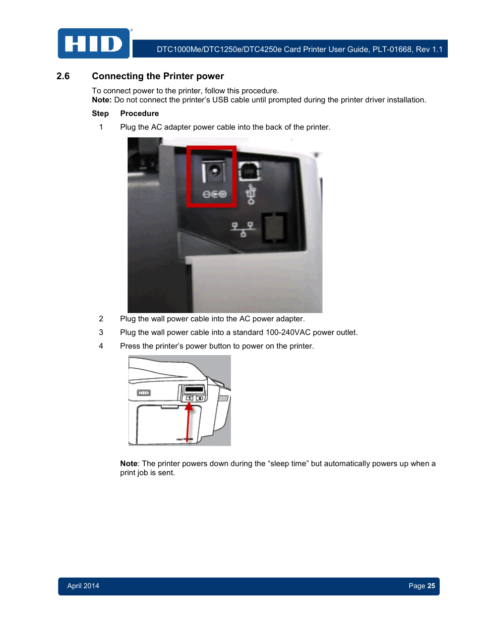 6 connecting the printer power, Connecting the printer power | HID DTC1250e/DTC1000Me/DTC4250e User Guide User Manual | Page 25 / 80