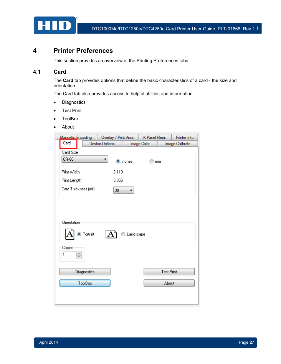 4 printer preferences, 1 card, Card | 4printer preferences | HID DTC1250e/DTC1000Me/DTC4250e User Guide User Manual | Page 27 / 80