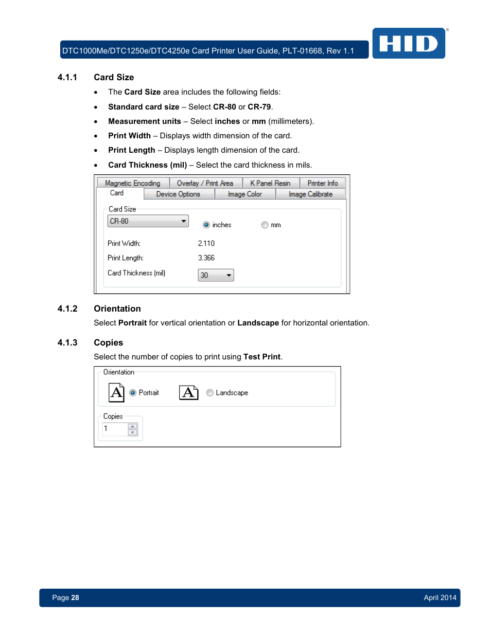 1 card size, 2 orientation, 3 copies | Card size, Orientation, Copies | HID DTC1250e/DTC1000Me/DTC4250e User Guide User Manual | Page 28 / 80