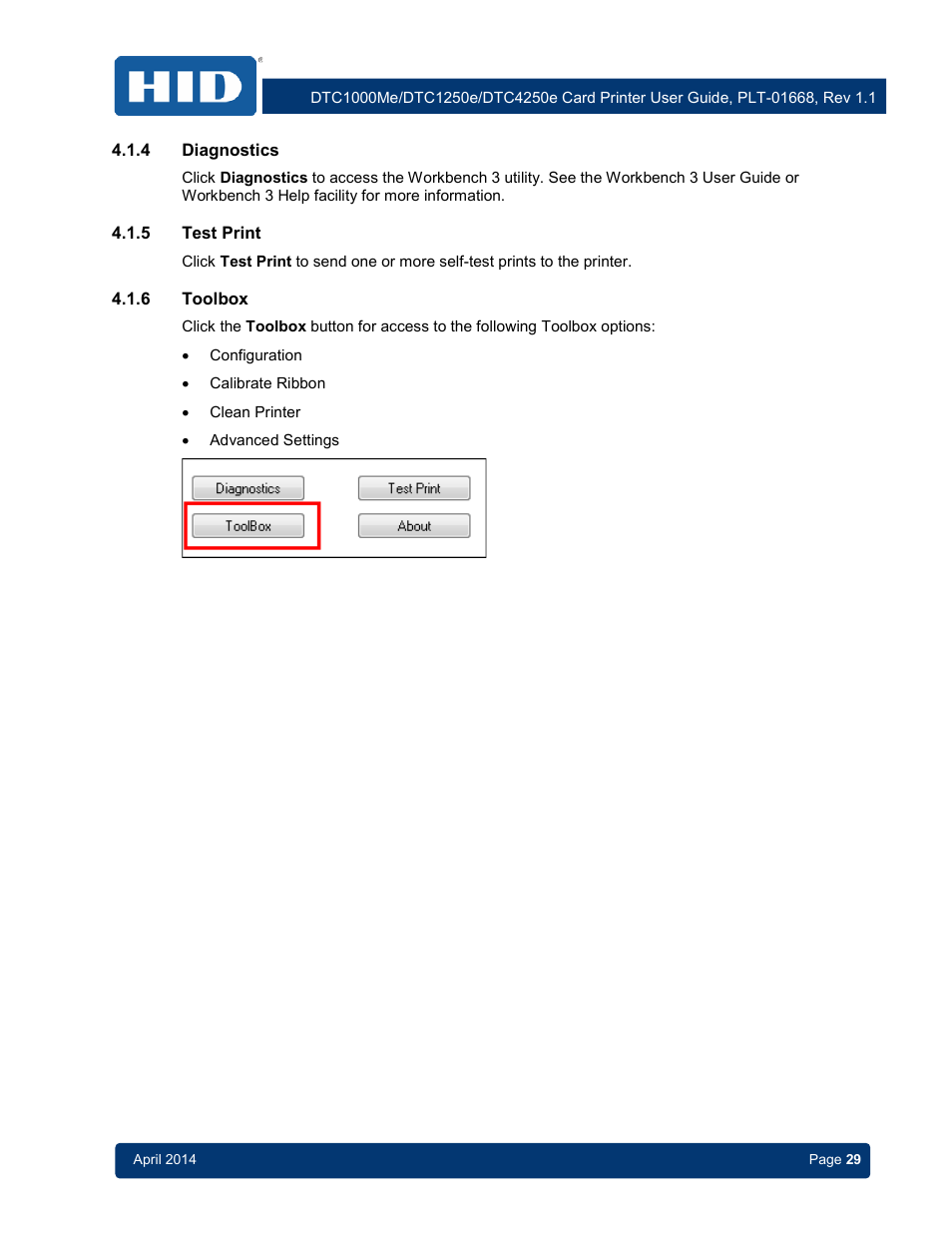 4 diagnostics, 5 test print, 6 toolbox | Diagnostics, Test print, Toolbox | HID DTC1250e/DTC1000Me/DTC4250e User Guide User Manual | Page 29 / 80