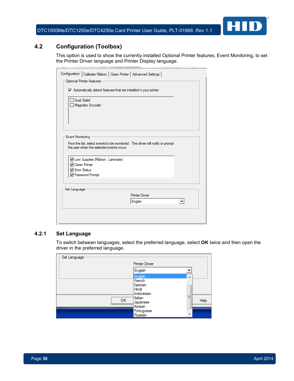 2 configuration (toolbox), 1 set language, Configuration (toolbox) | Set language | HID DTC1250e/DTC1000Me/DTC4250e User Guide User Manual | Page 30 / 80